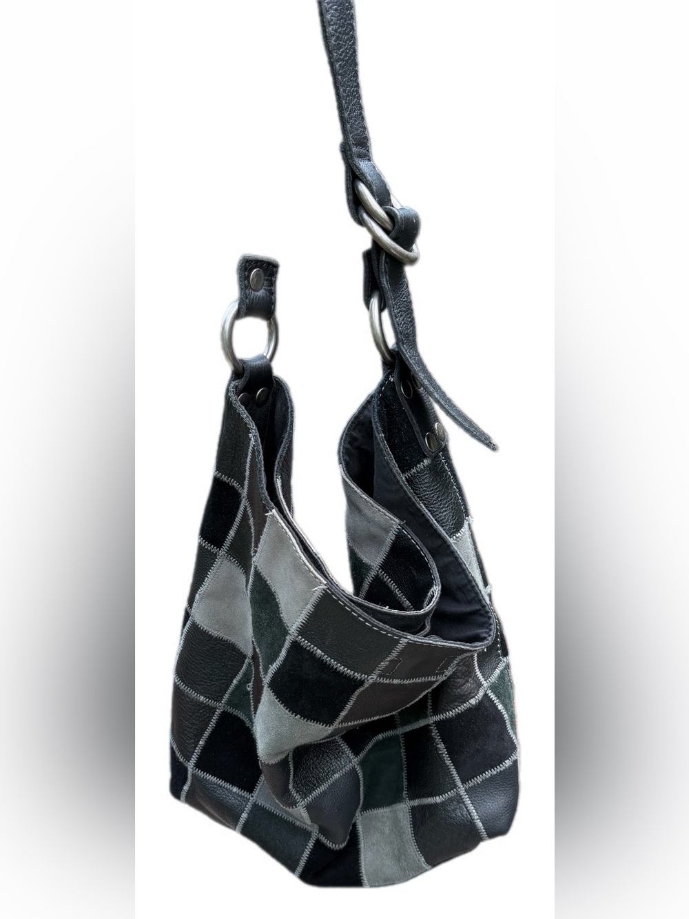 Lucky Brand Black Gray Patchwork Leather Suede Hobo Shoulder Bag Boho Y2K - Picture 4 of 13